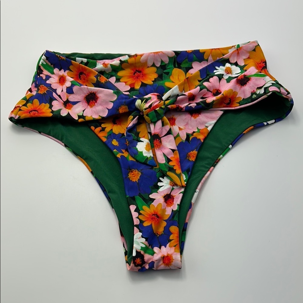 Floral High-Waisted Bikini Bottoms Small Front Bow Swimming Beach Tropical